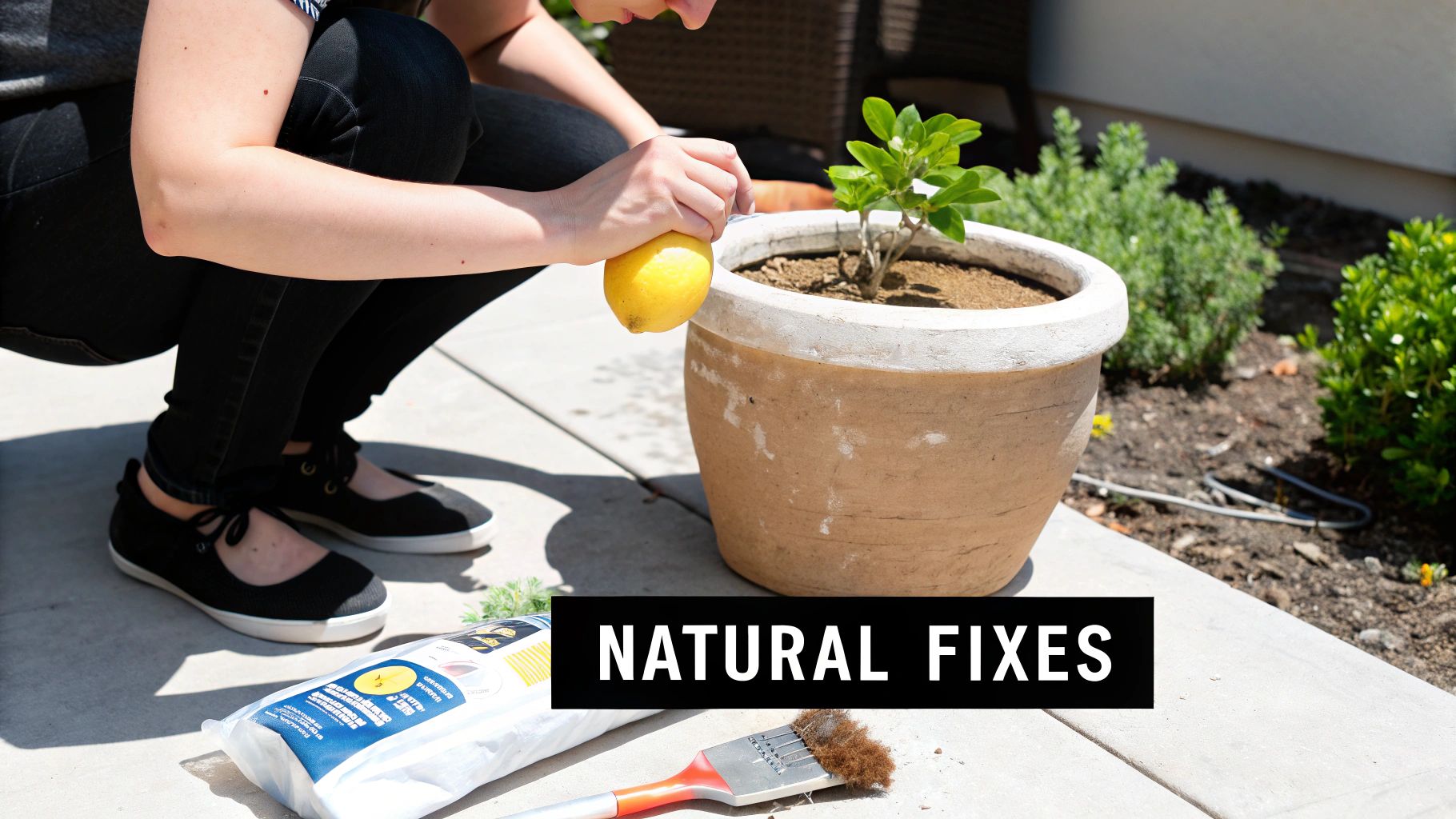 A person in protective gloves applying a commercial rust remover to a stained concrete driveway.