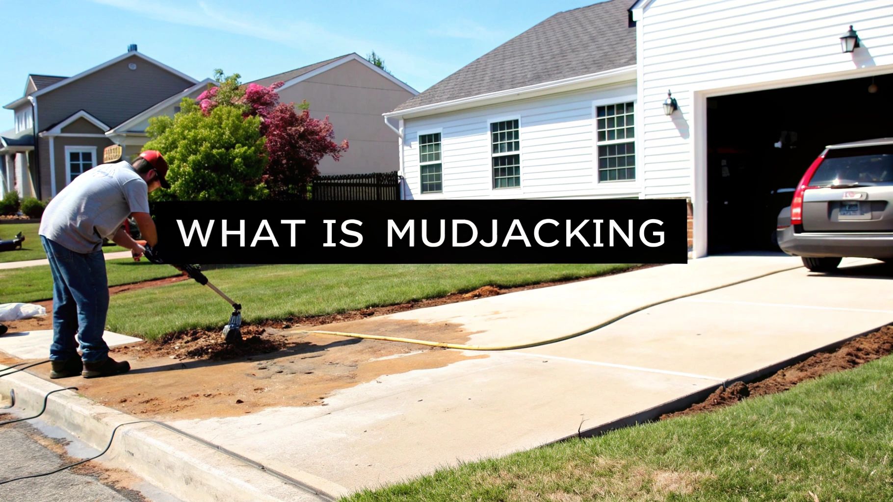 A man performs mudjacking on a concrete driveway, using equipment to level the sunken slab.