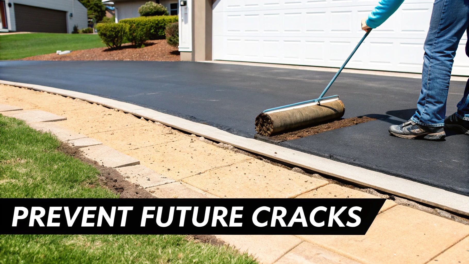 A person applies a fresh layer of black sealant to an asphalt driveway with a roller.