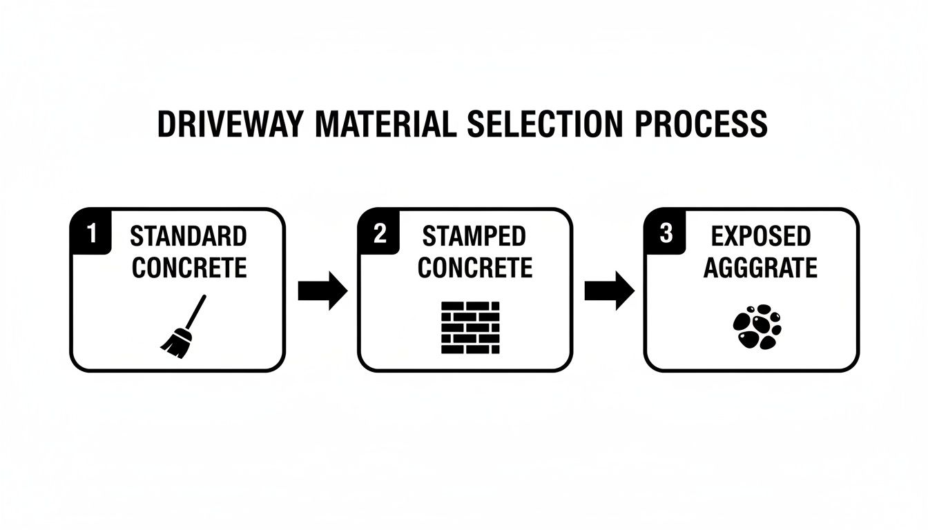 Diagram showing the driveway material selection process: standard, stamped, and exposed aggregate concrete.