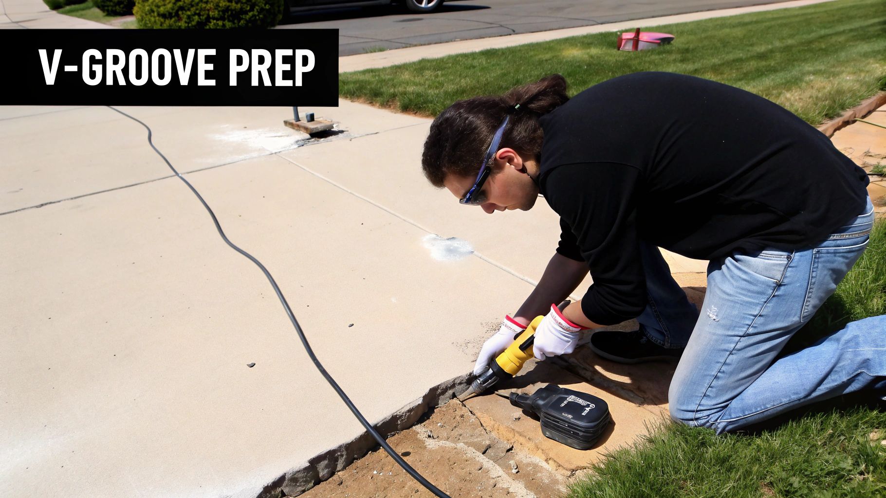 A person wearing safety glasses and gloves uses a power tool to chisel a concrete edge.