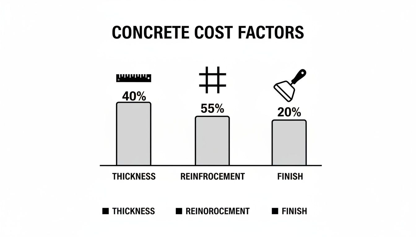 Bar chart illustrating concrete cost factors: Thickness (40%), Reinforcement (55%), and Finish (20%).