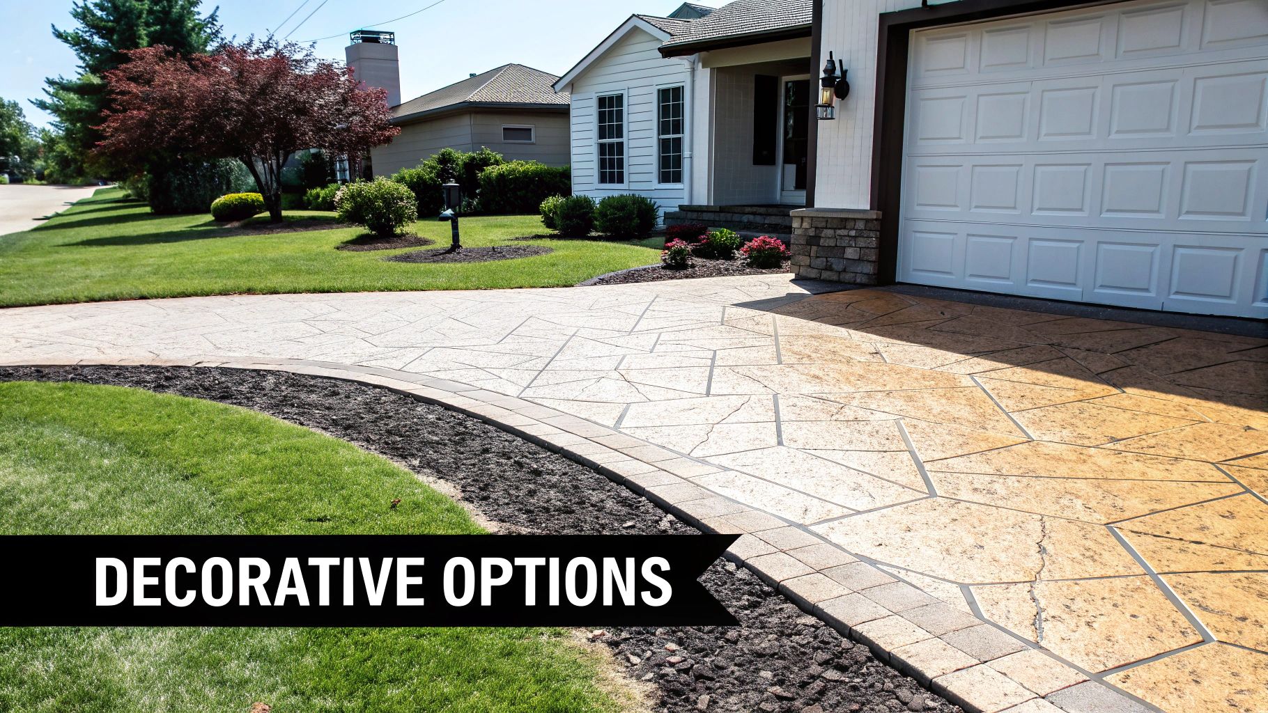 A decorative concrete driveway featuring a patterned design and stone border in front of a house.