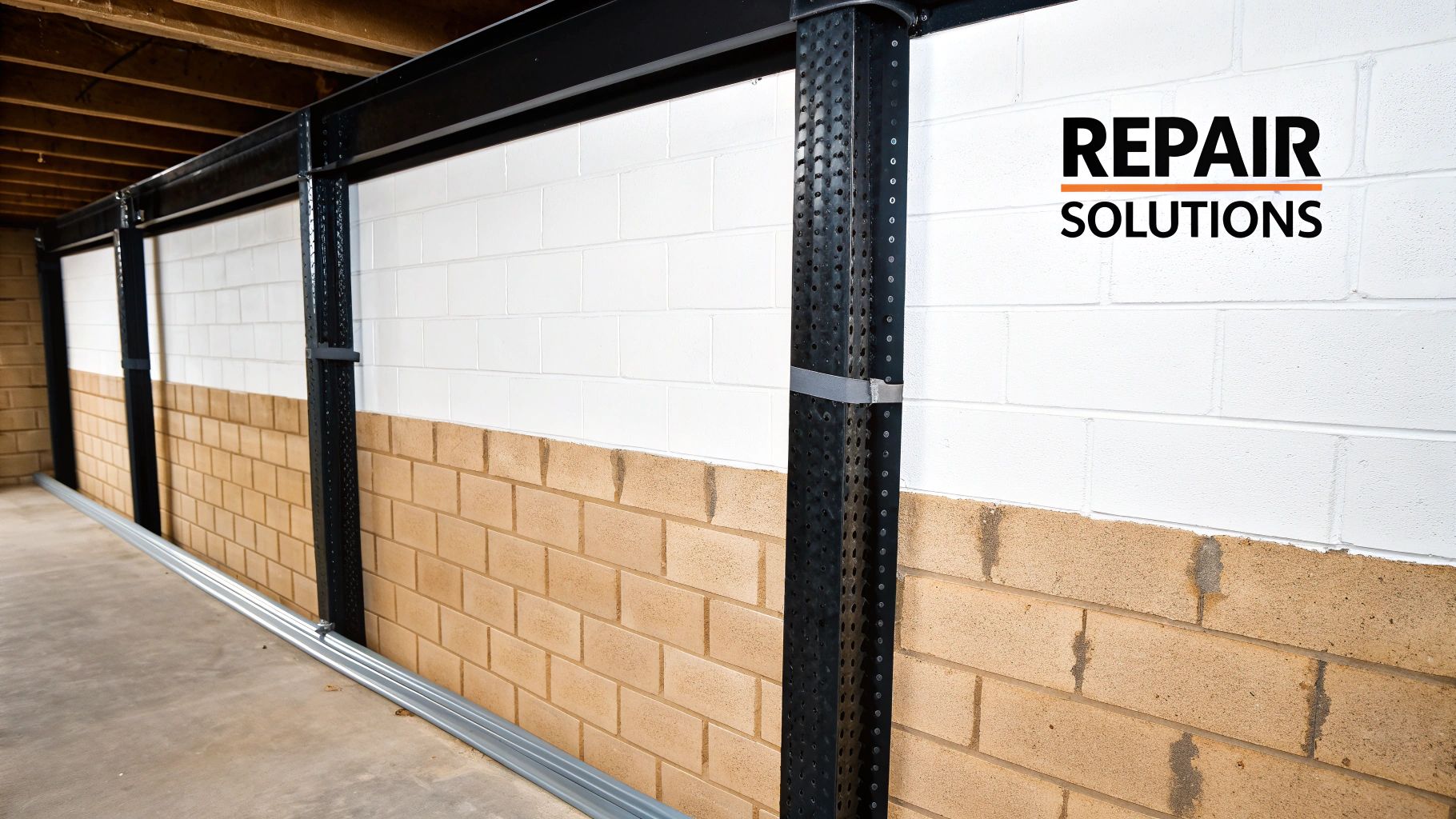 Basement wall with white painted concrete blocks and brick, showing a foundation repair system.
