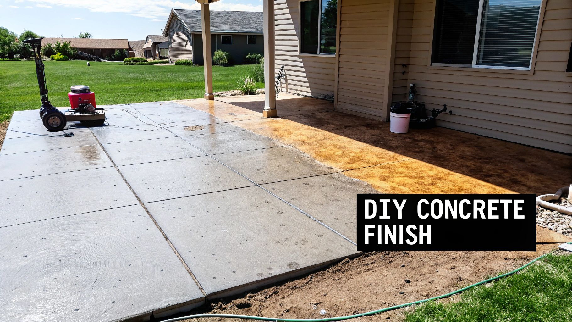 A concrete patio partially stained reddish-brown, with a pressure washer, illustrating a DIY concrete finish project.