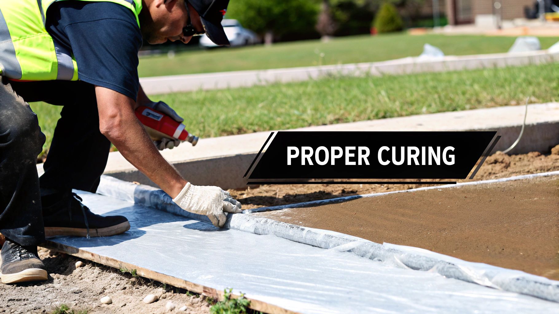 Construction worker applying a curing agent and covering fresh concrete with plastic sheeting for proper curing.