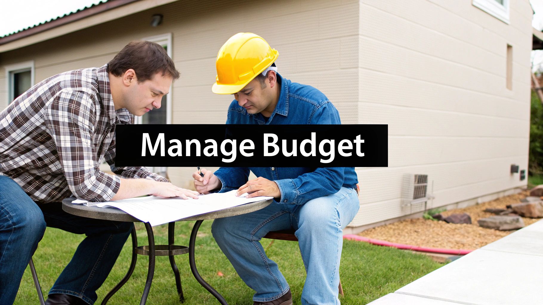 Two men, one in a hard hat, review construction plans and discuss project budget outdoors.