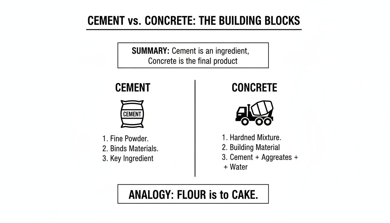 Infographic clearly distinguishing cement as an ingredient from concrete as the final building product, with properties and analogy.