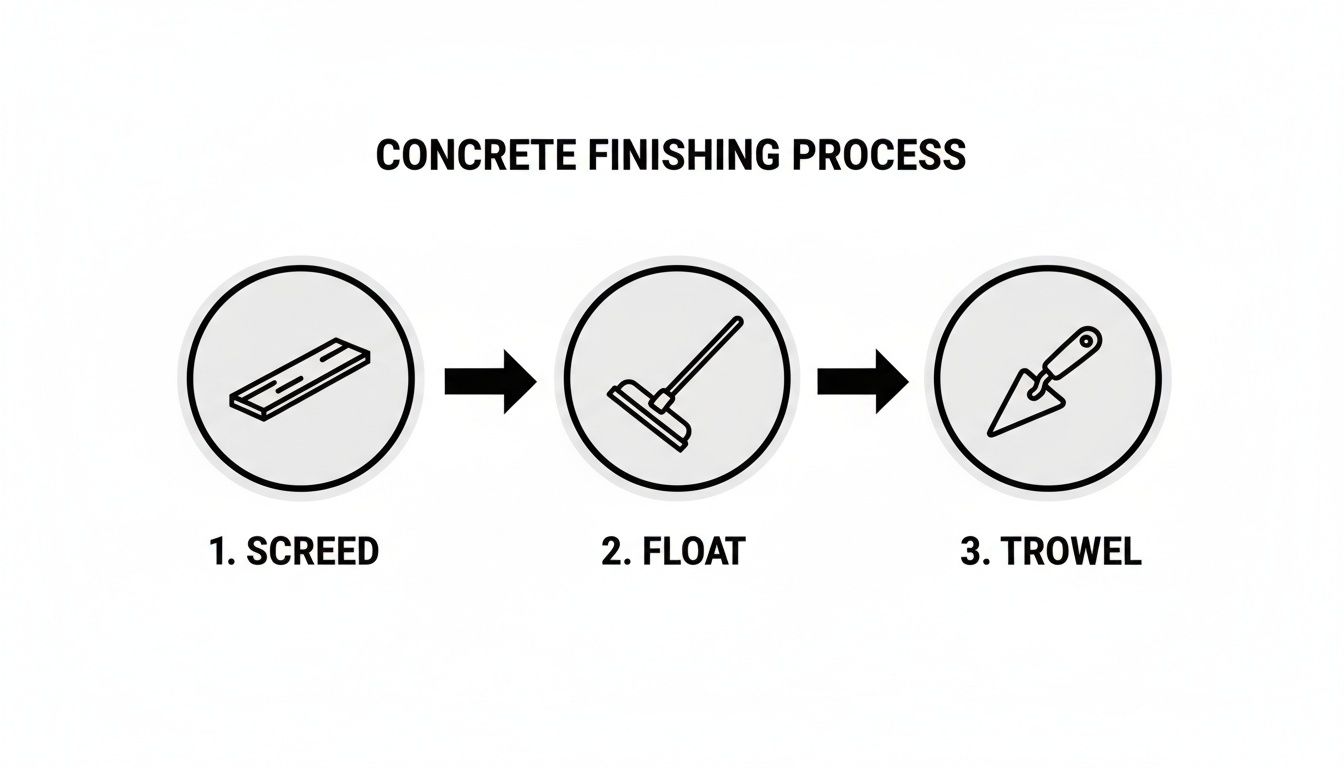 Infographic illustrating the three-step concrete finishing process: screed, float, and trowel, with tool icons.