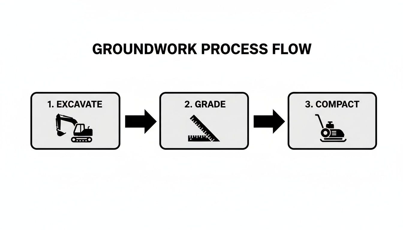 Groundwork process flow diagram showing excavation, grading, and compaction steps with corresponding icons.