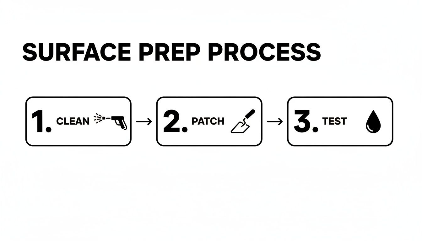 A three-step surface preparation process diagram: 1. Clean (with spray gun icon), 2. Patch (with trowel icon), 3. Test (with water droplet icon).