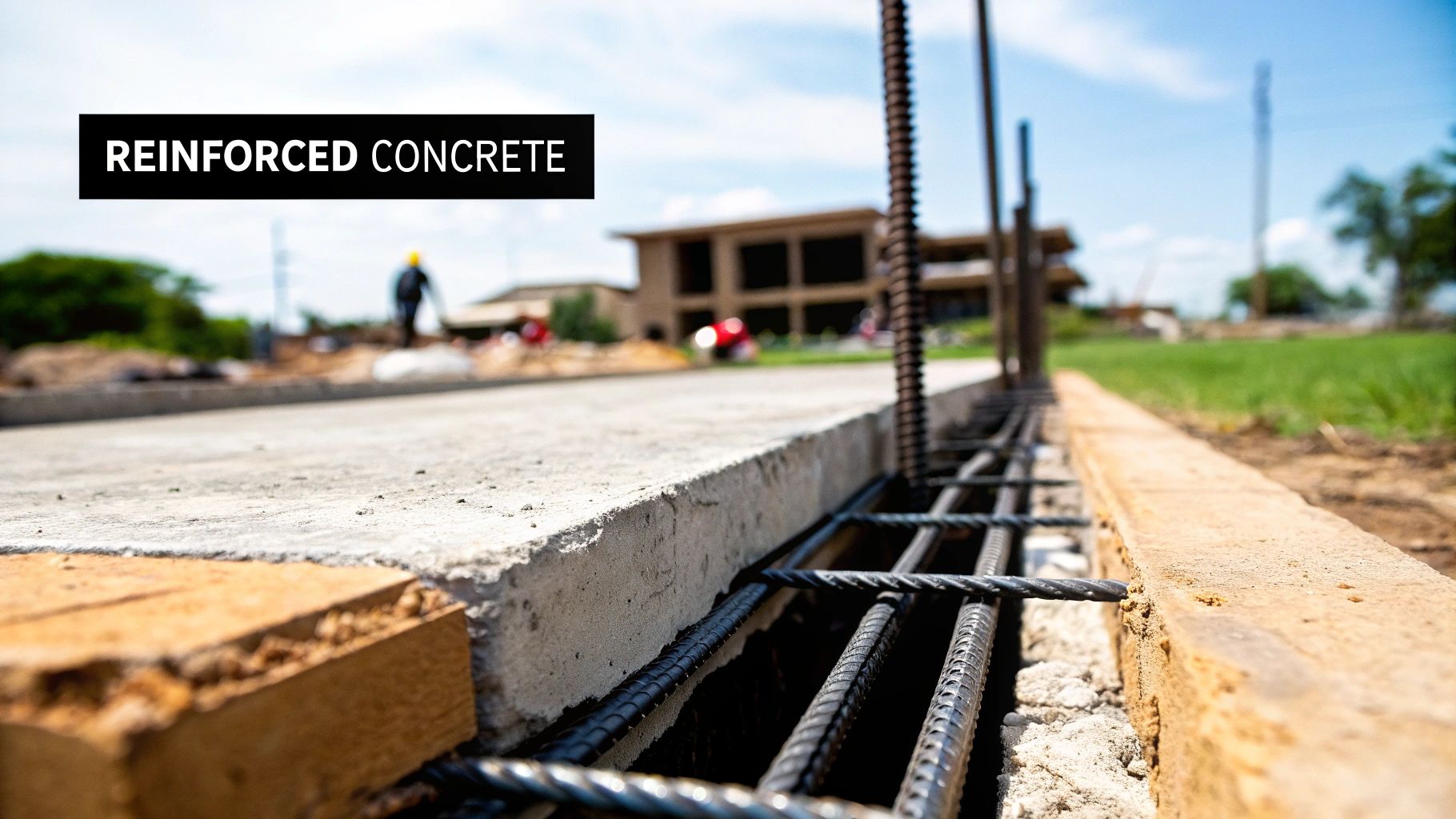 Close-up of a newly poured reinforced concrete slab with rebar structure visible below.