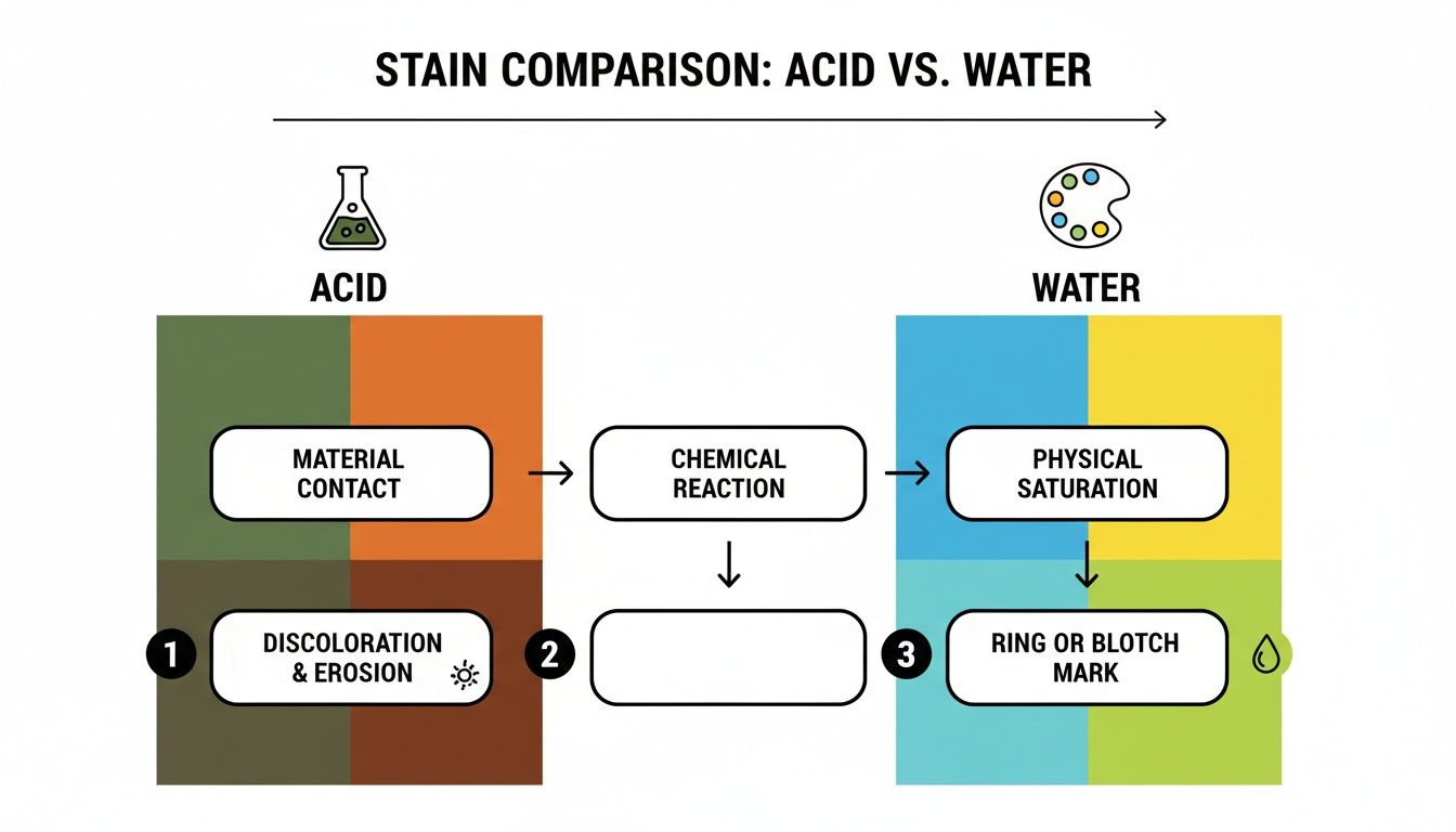 Flowchart comparing the effects of acid stains, leading to discoloration and erosion, versus water stains causing ring or blotch marks.