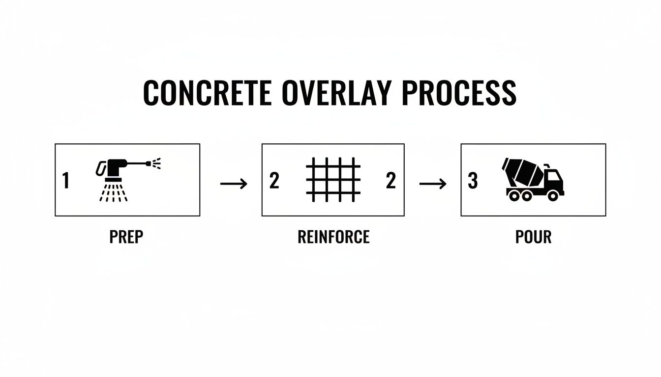 Diagram illustrating the three-step concrete overlay process: prep, reinforce, and pour.
