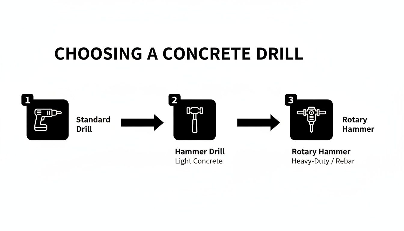 Visual guide on choosing a concrete drill, comparing standard, hammer, and rotary hammer options.