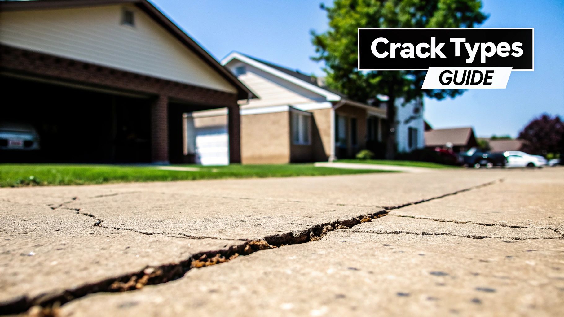 A close-up view of deep cracks in a concrete driveway in front of suburban houses, titled 'Crack Types GUIDE'.