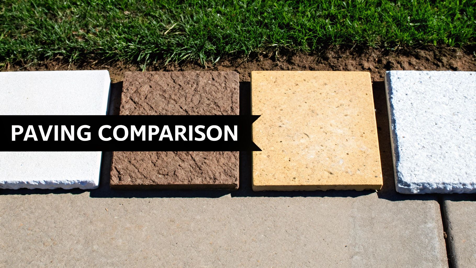 Four different colored paving samples for comparison, showing various textures and shades.