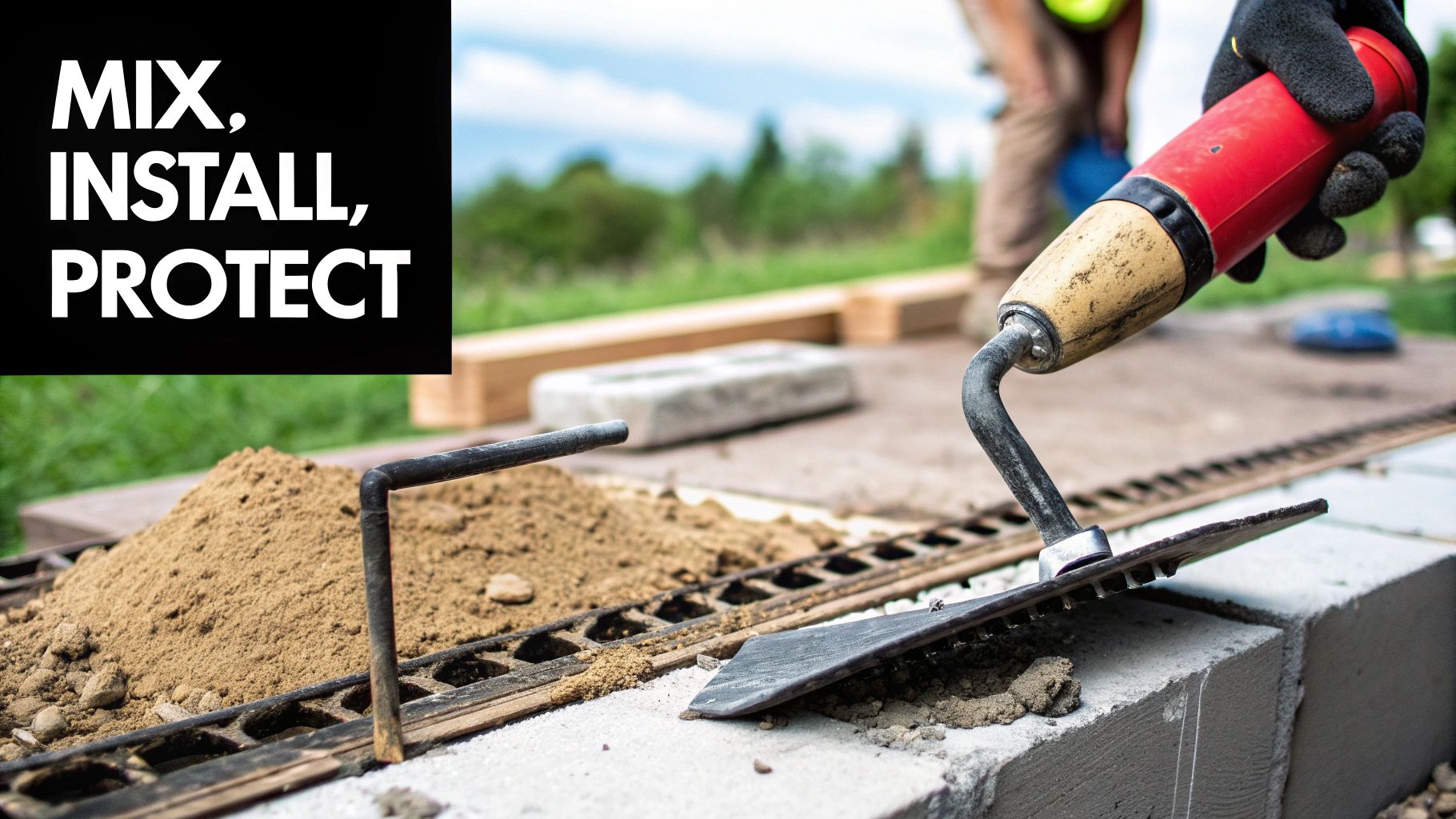 Construction worker using trowel to mix and install concrete blocks with protective materials on outdoor site