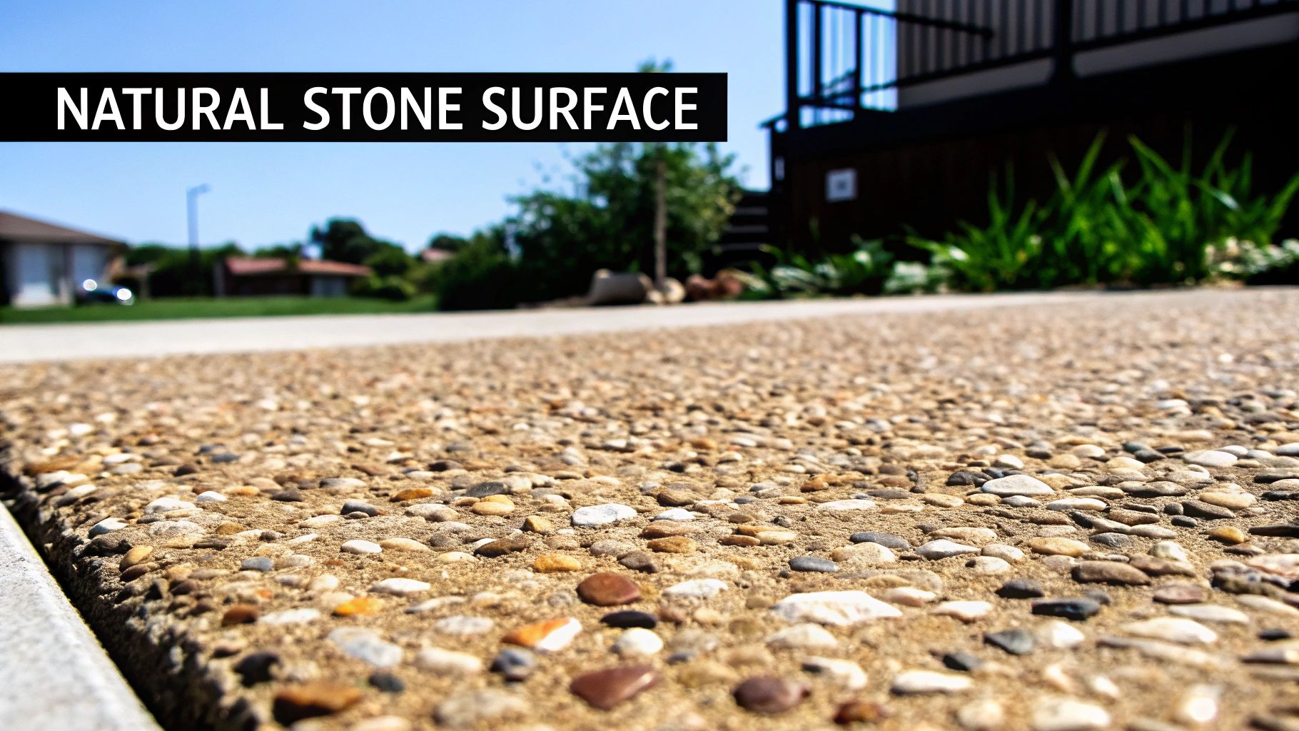 Close-up of an exposed aggregate concrete surface, featuring small natural stones and a blurred residential background.