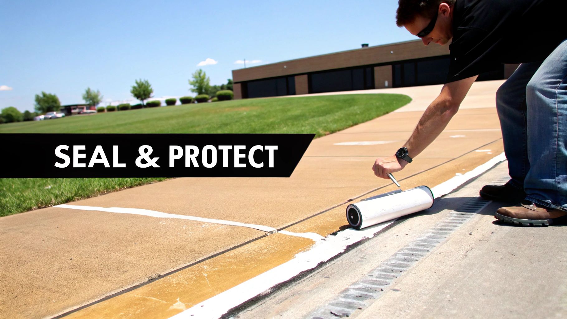 Man applying white sealant to a concrete expansion joint with a roller tool, 'Seal & Protect' text.