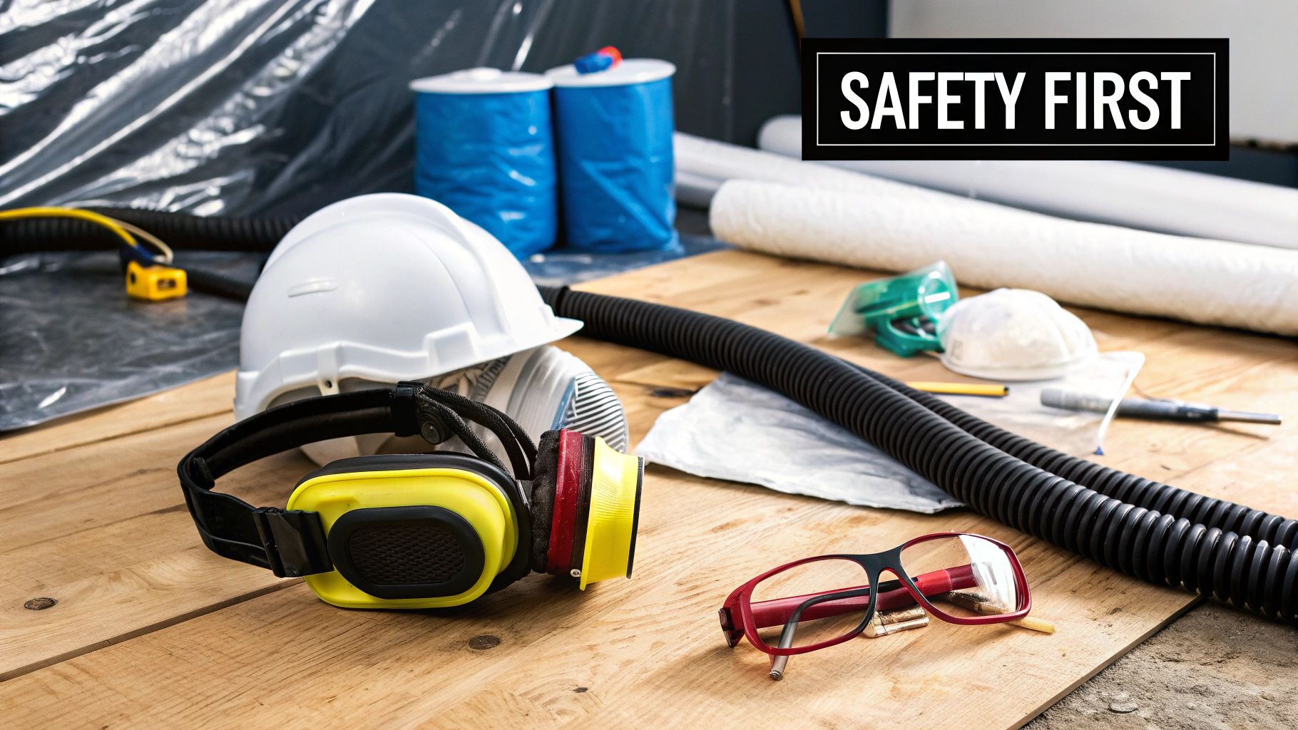 Worker wearing safety gear while grinding a concrete surface.