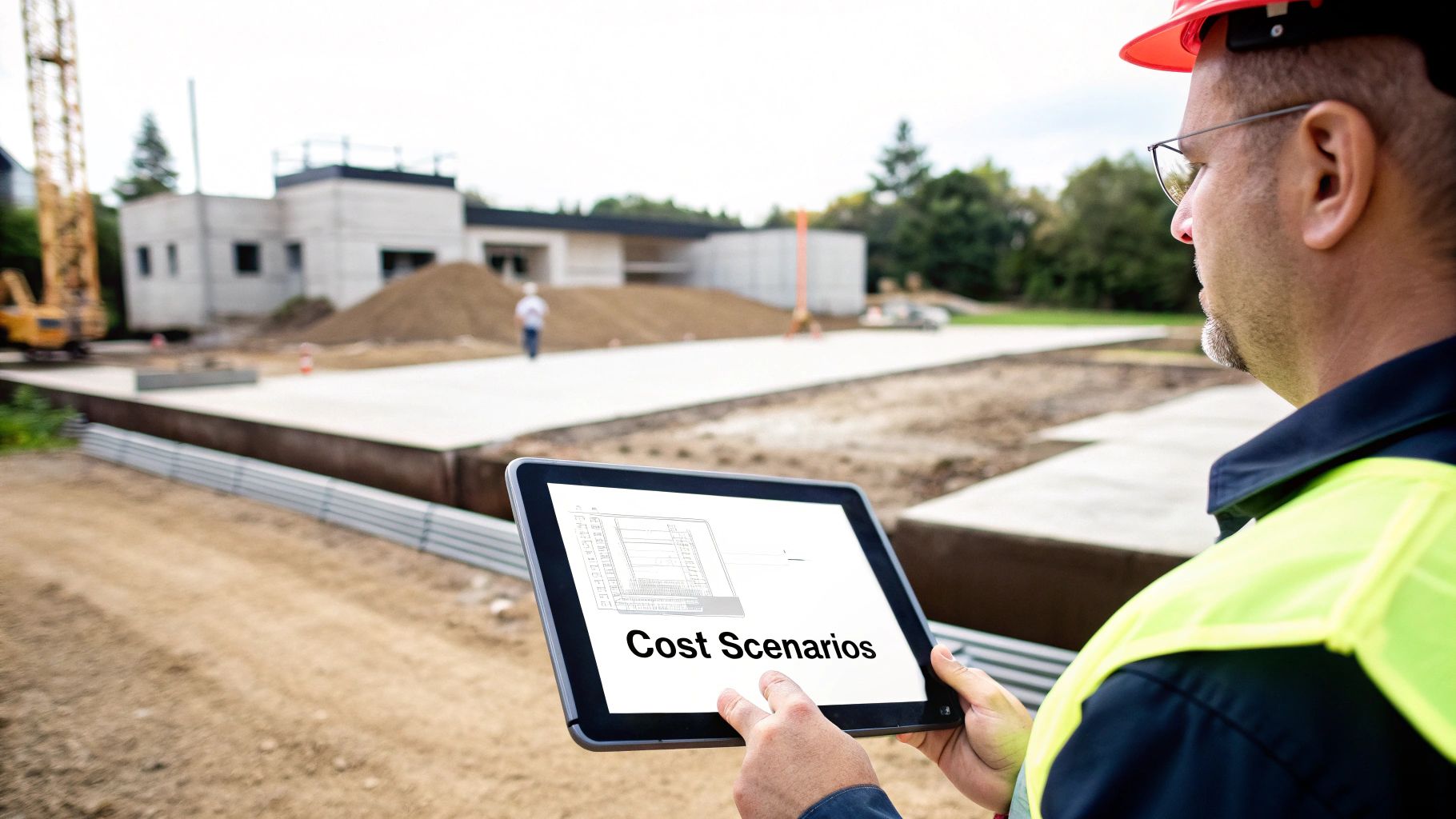A construction worker in a hard hat holds a tablet displaying "Cost Scenarios" at a building site.