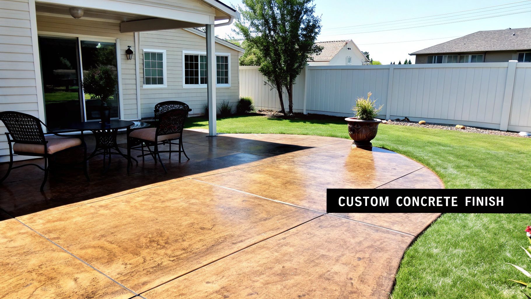 A backyard patio featuring custom-stained brown concrete, an outdoor dining set, and a green lawn.