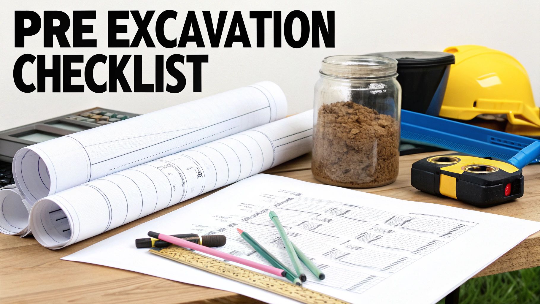 A pre-excavation checklist with construction blueprints, soil samples, and safety equipment on a wooden table.