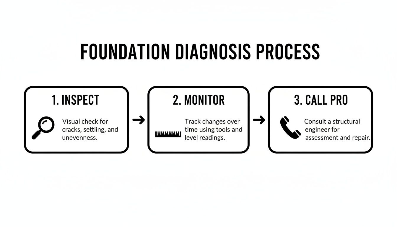 A diagram outlining the three-step foundation diagnosis process: Inspect, Monitor, and Call a Pro.