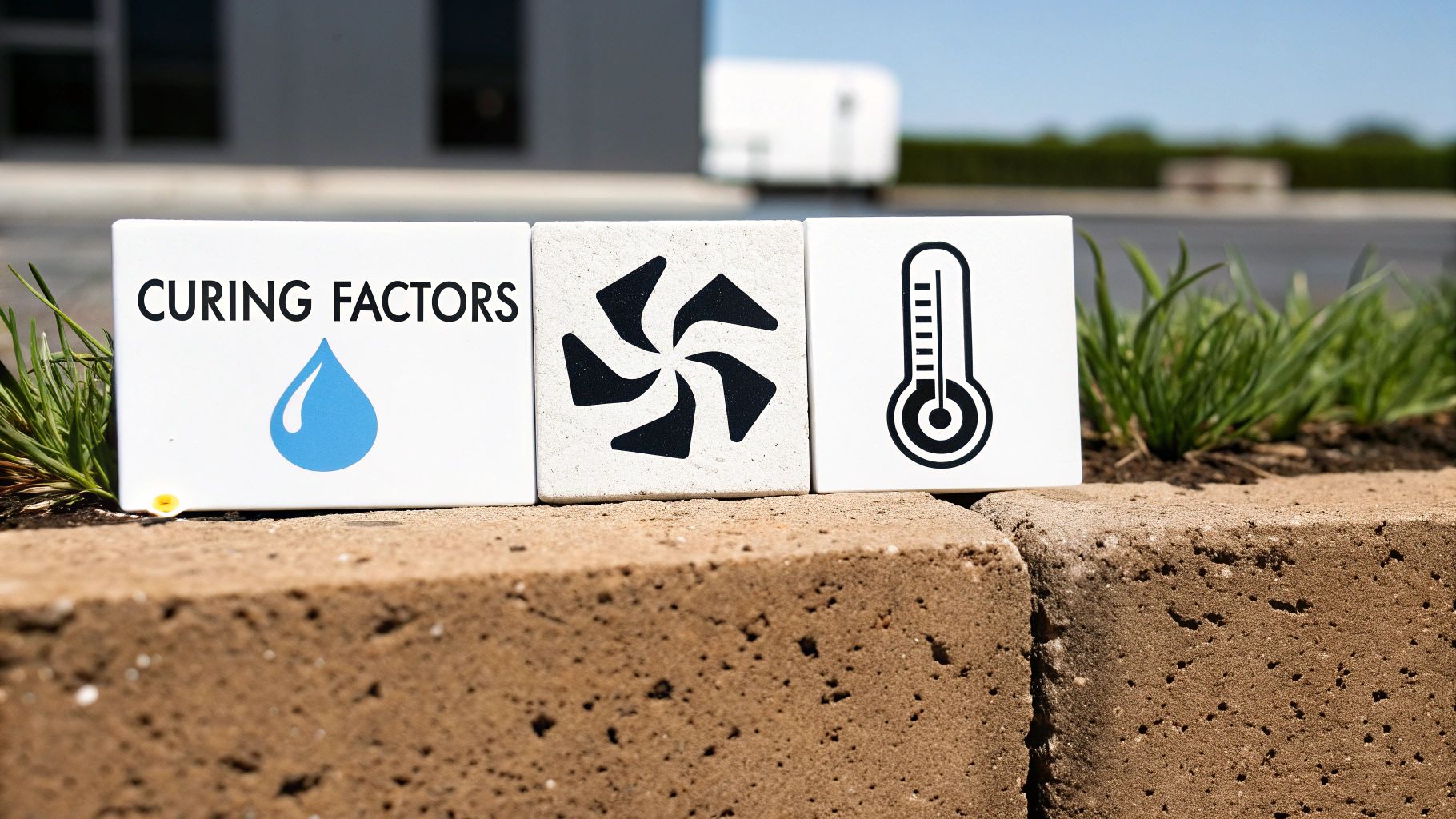 Three instructional tiles depict water, air movement (fan), and temperature (thermometer) as key concrete curing factors.