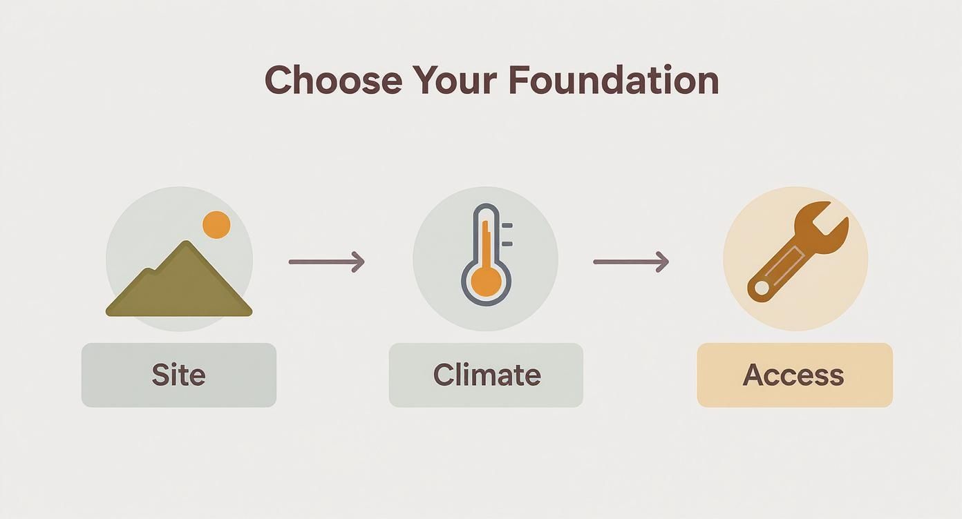 A diagram titled 'Choose Your Foundation' showing three steps: Site, Climate, and Access, with corresponding icons.
