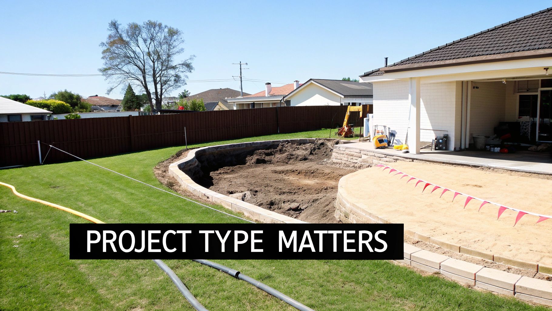 Backyard construction scene with an excavated pool area, retaining walls, sandy patio, and residential house.
