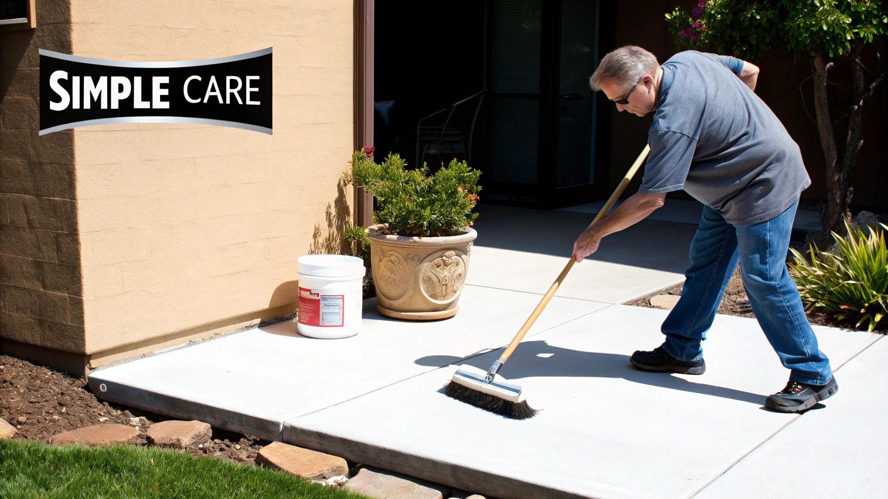 A man in sunglasses sweeps a simple concrete patio next to a house with a "SIMPLE CARE" product.