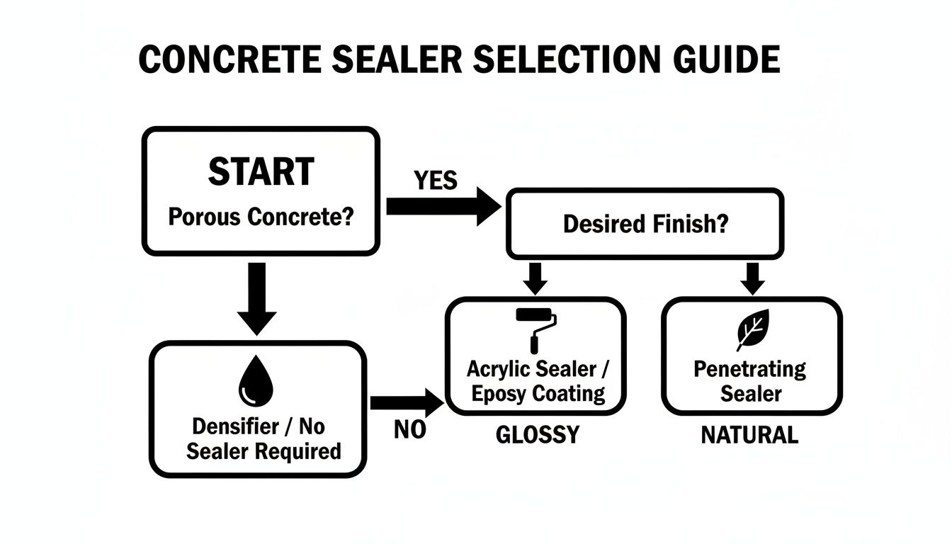A flowchart guiding concrete sealer selection based on concrete porosity and desired finish.