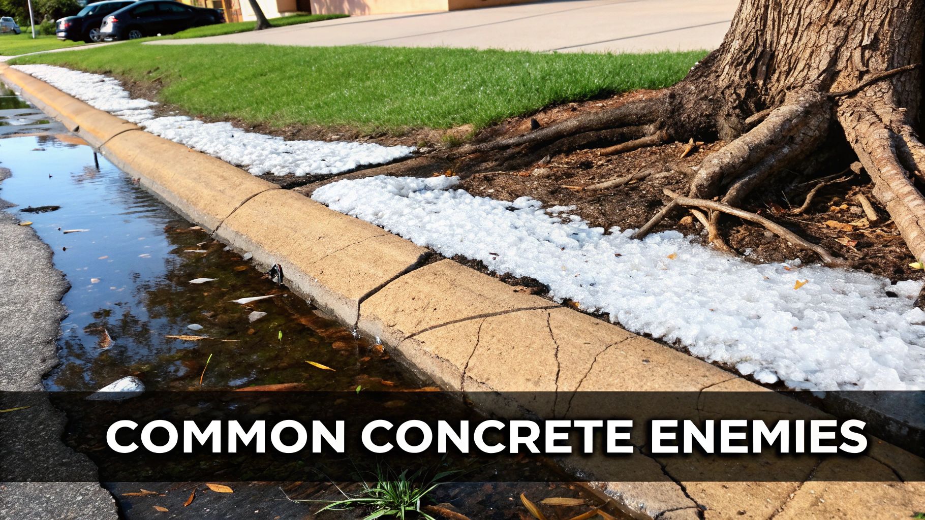 Cracked concrete curb damaged by tree roots and ice showing deterioration