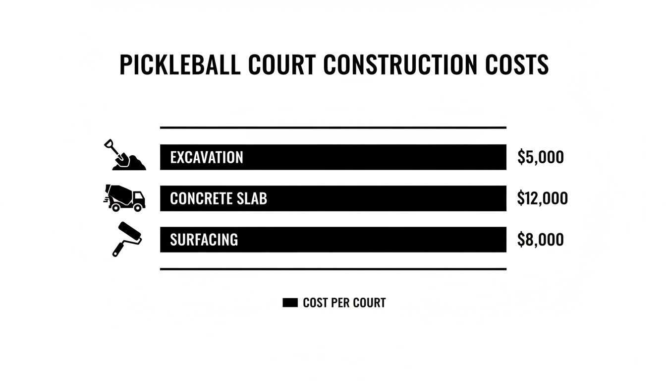 A chart detailing pickleball court construction costs for excavation, concrete slab, and surfacing.