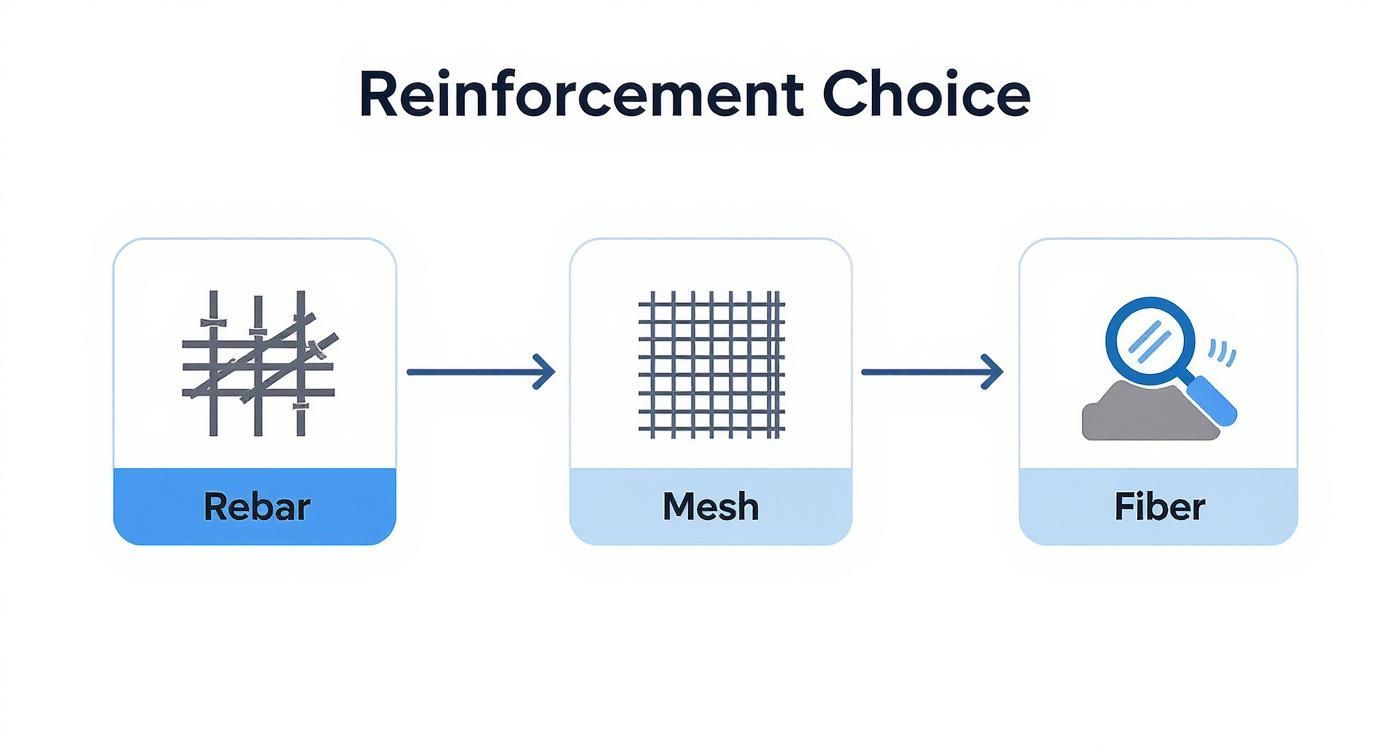 A diagram illustrating different reinforcement choices: Rebar, Mesh, and Fiber, connected by arrows.