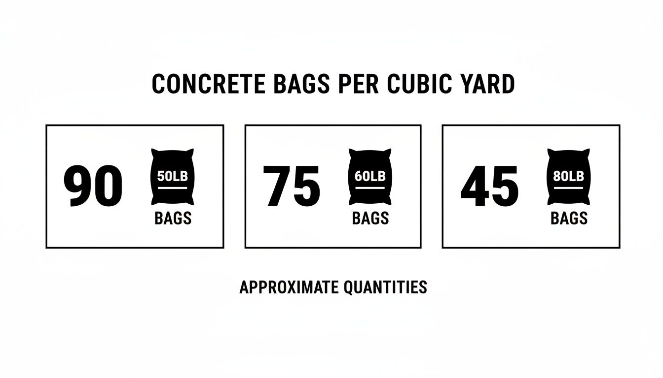 Chart showing approximate concrete bag quantities per cubic yard: 90 (50LB), 75 (60LB), 45 (80LB) bags.