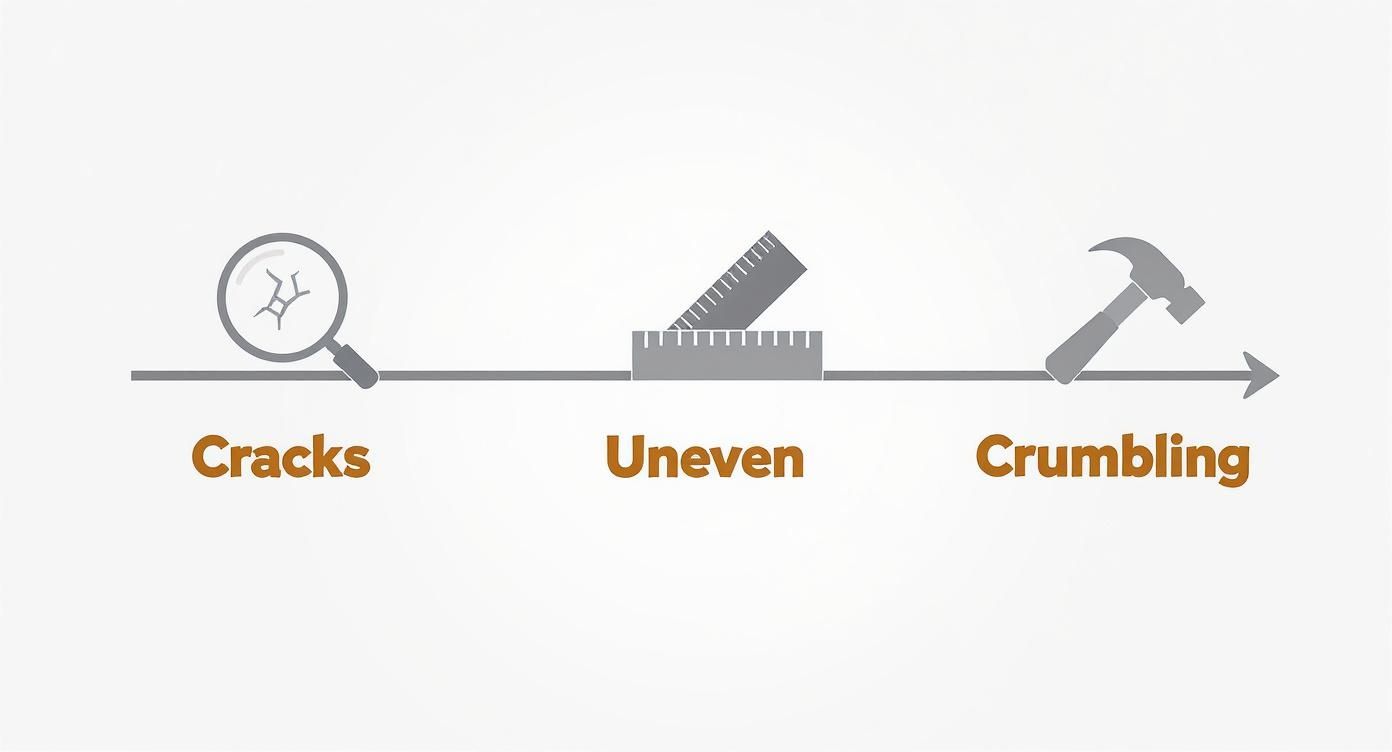 Timeline showing three concrete damage stages: cracks, uneven surfaces, and crumbling with inspection and repair tools