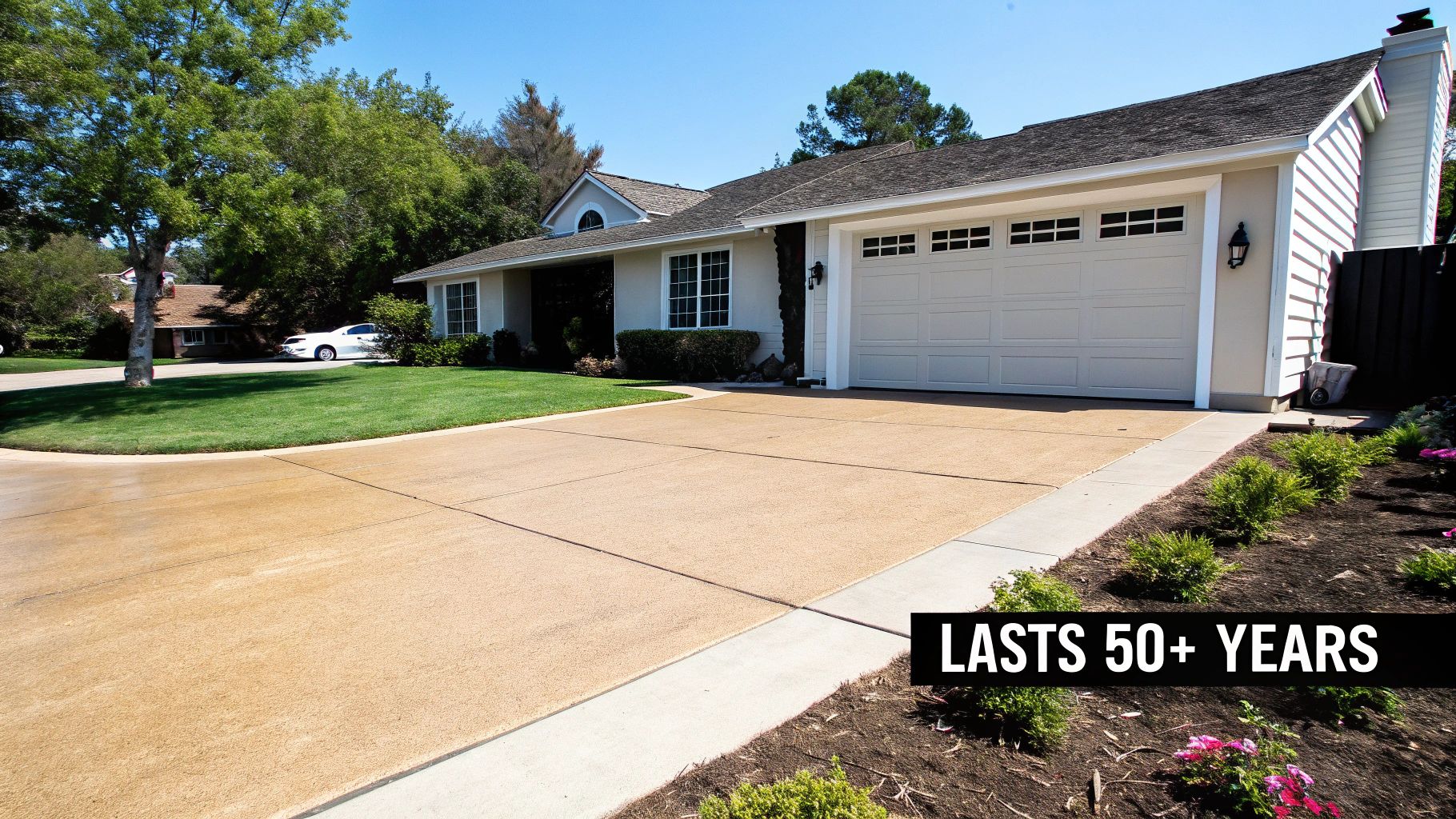 Well-maintained concrete driveway at suburban home showing longevity and durability over fifty years