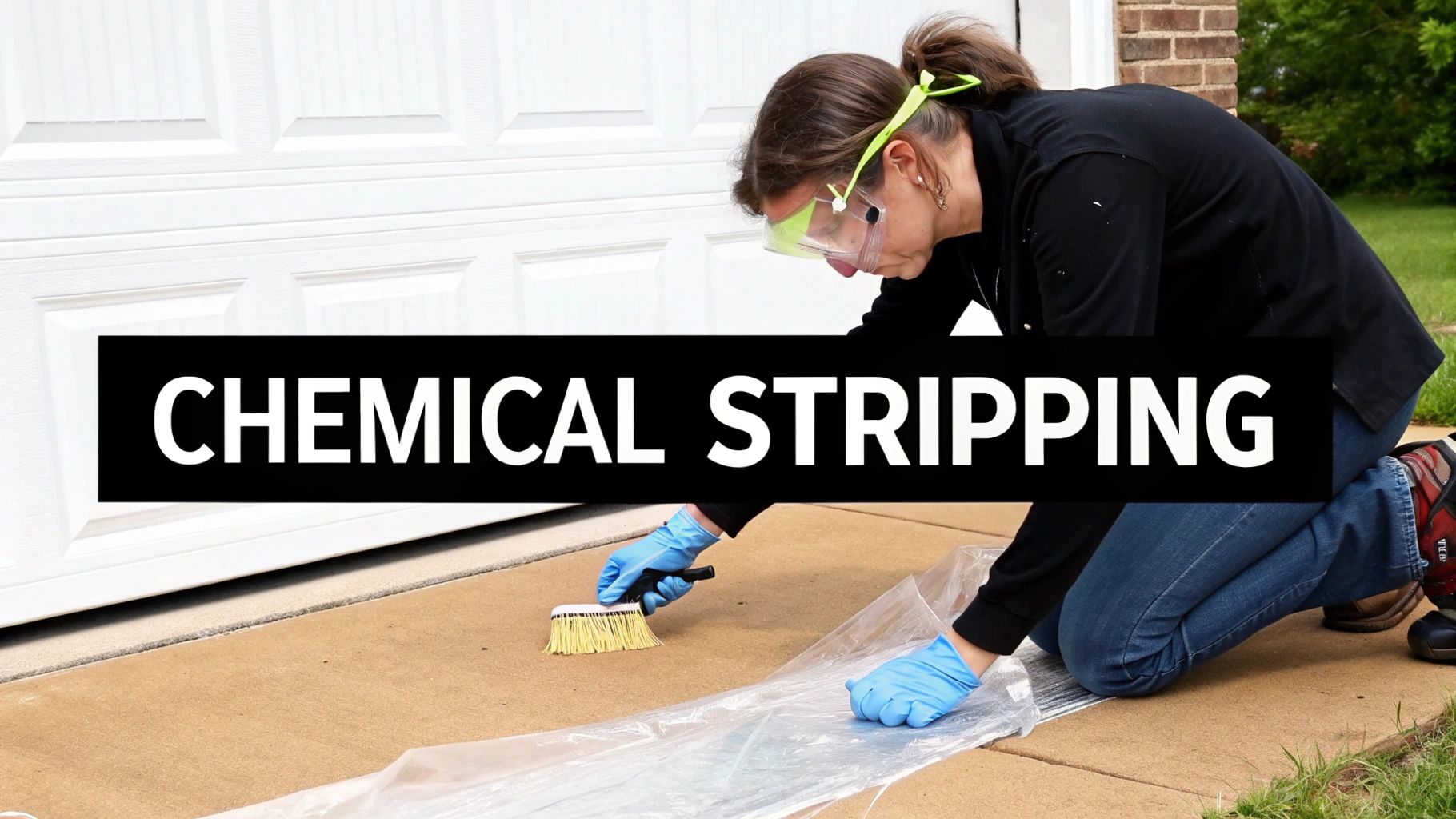 A woman wearing goggles and gloves is chemically stripping paint from a concrete driveway.