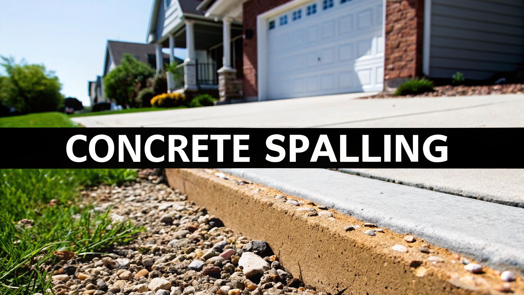 A close-up view of a concrete surface with significant spalling, showing exposed aggregate and chipping.
