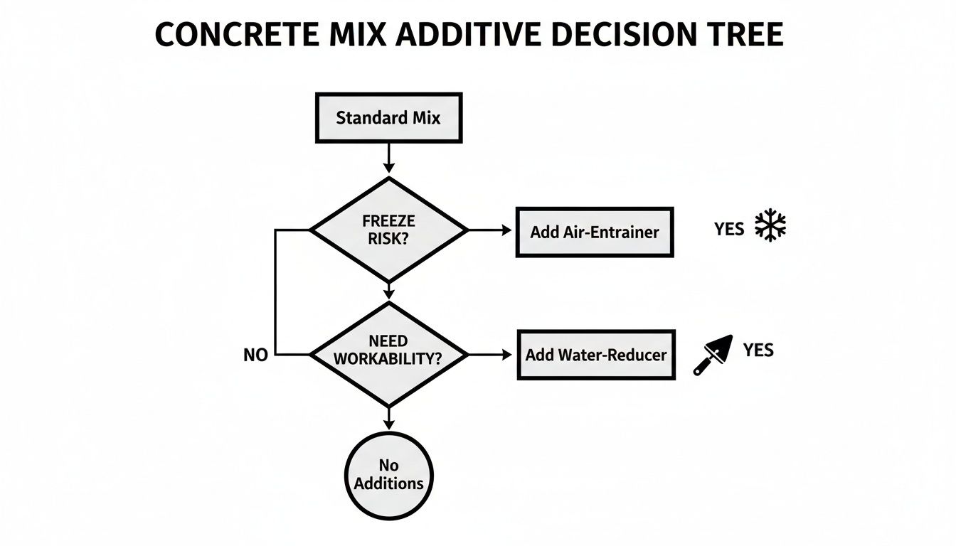 A concrete mix additive decision tree flowchart illustrating choices for freeze risk and workability.