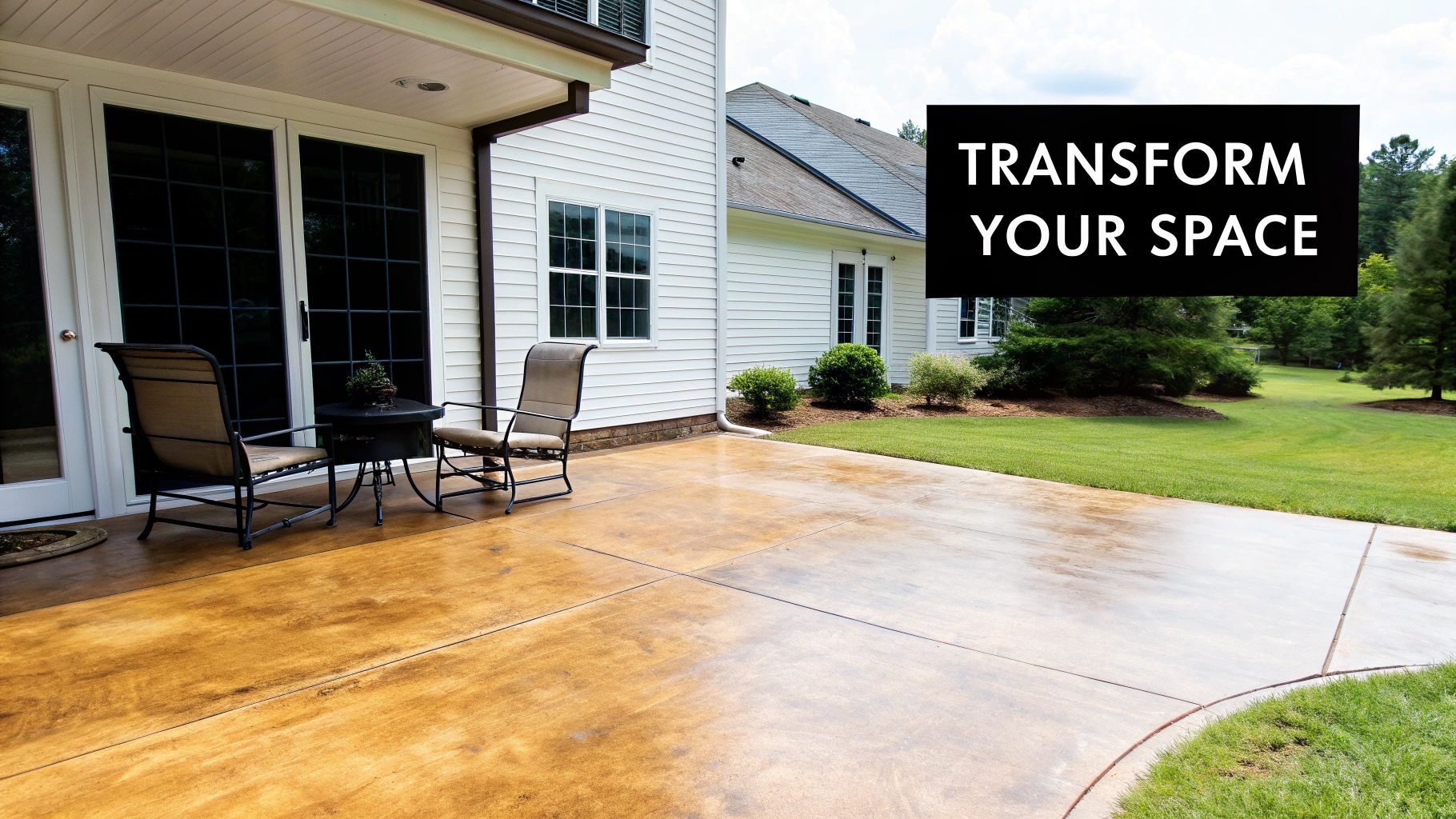 A house with a rich brown stained concrete patio featuring outdoor furniture and a green lawn.
