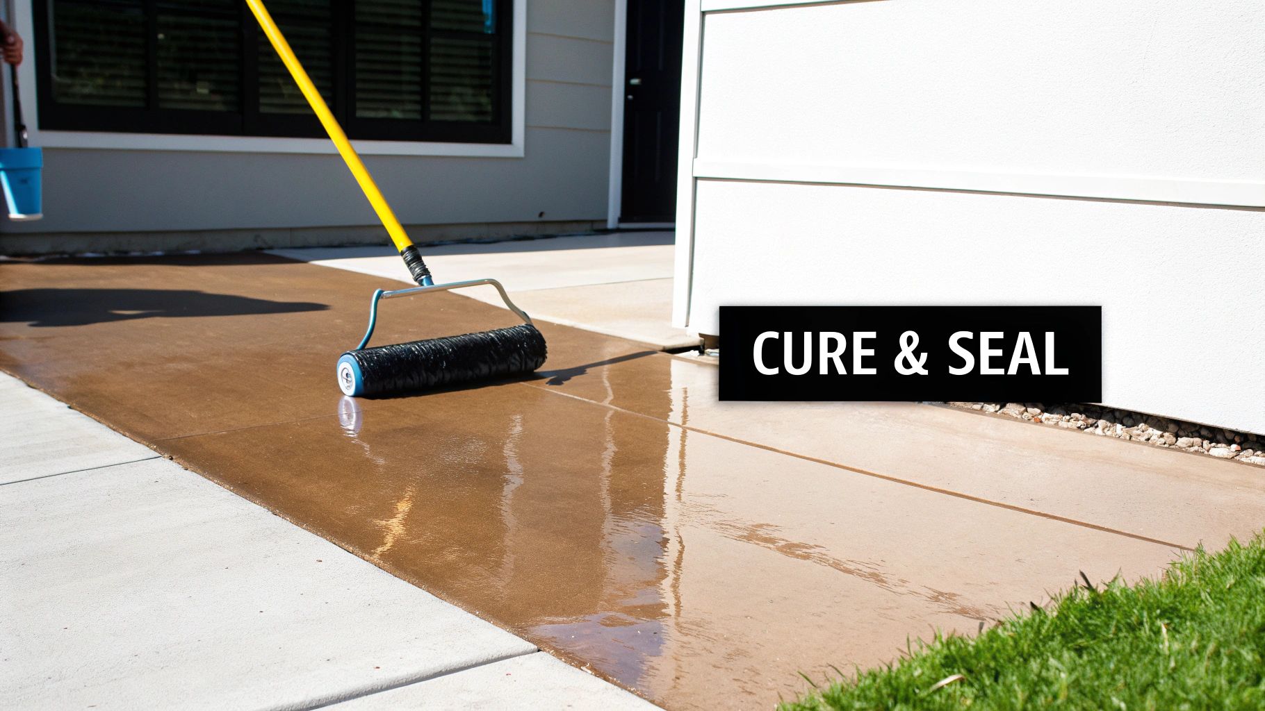 A person rolls a wet concrete sealer onto a brown driveway next to a white house.