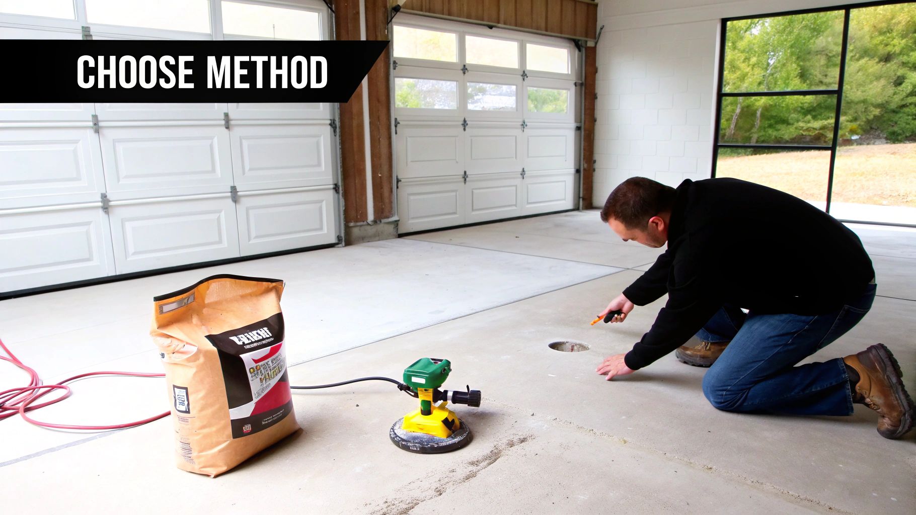 A man kneels on a concrete floor, working on a circular hole with a tool, next to a bag of mix and equipment.