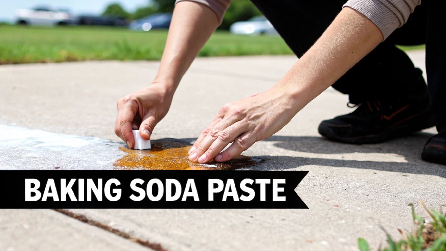 Person using a brush to clean an oil stain on concrete driveway.