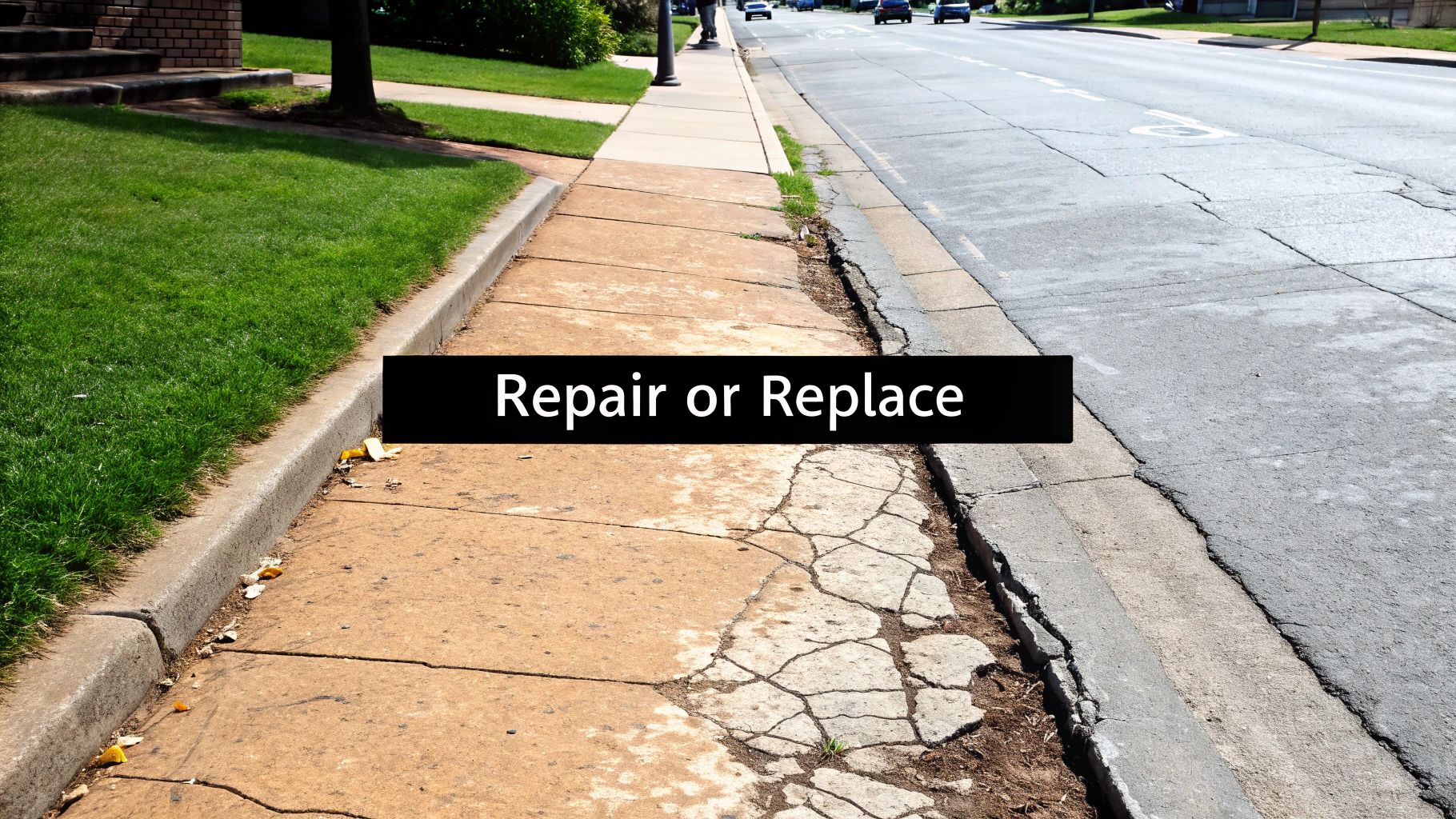 A cracked and uneven concrete sidewalk next to a road, with text 'Repair or Replace' overlaid.