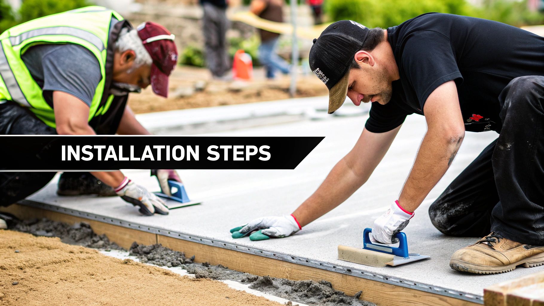 Two construction workers installing concrete pavers or slabs on a sandy base, illustrating installation steps.