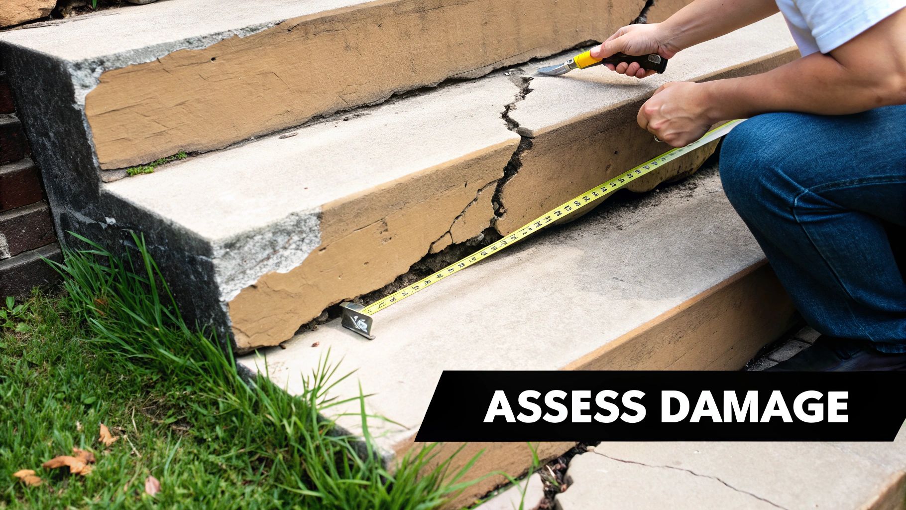 Person measuring cracked concrete steps with tape measure to assess structural damage and repair needs